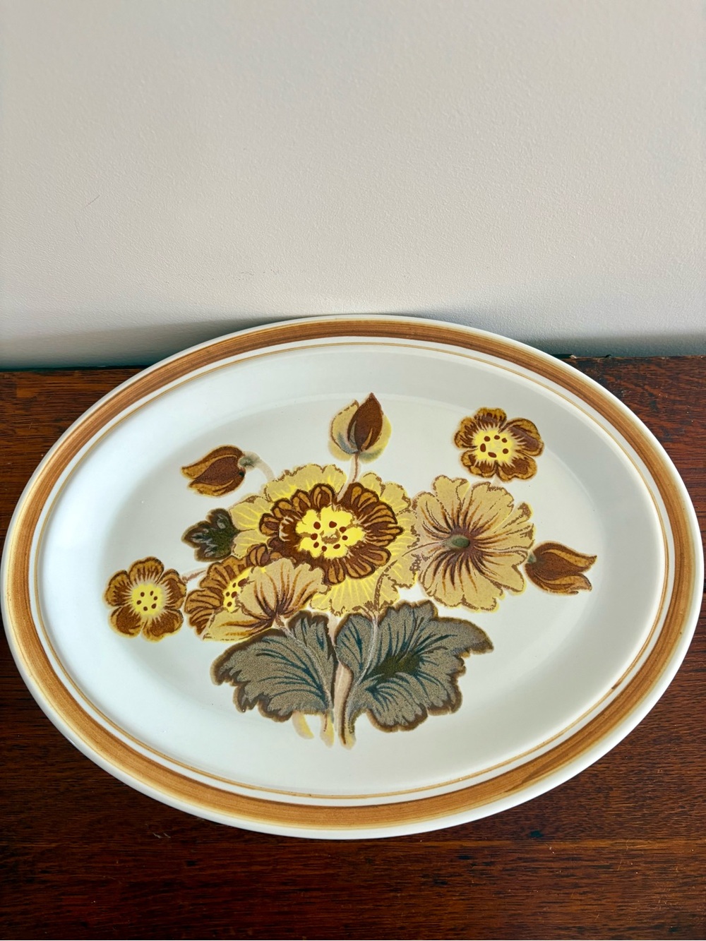 Vintage Floral Ceramic Serving Platter in Yellow and Brown